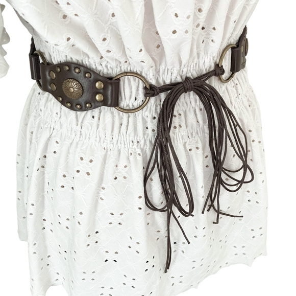 Western brown faux leather concho gold buckle Boho festival studded waist belt - Picture 8 of 15